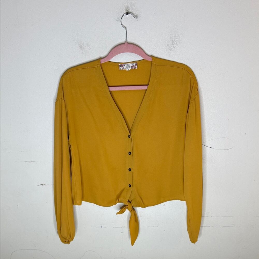 Pink Rose Mustard Button-Down Cropped Length Tie Up Blouse Size Small